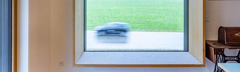 Blick durch ein Fenster auf eine Wiese, während ein Auto vorbeifährt.