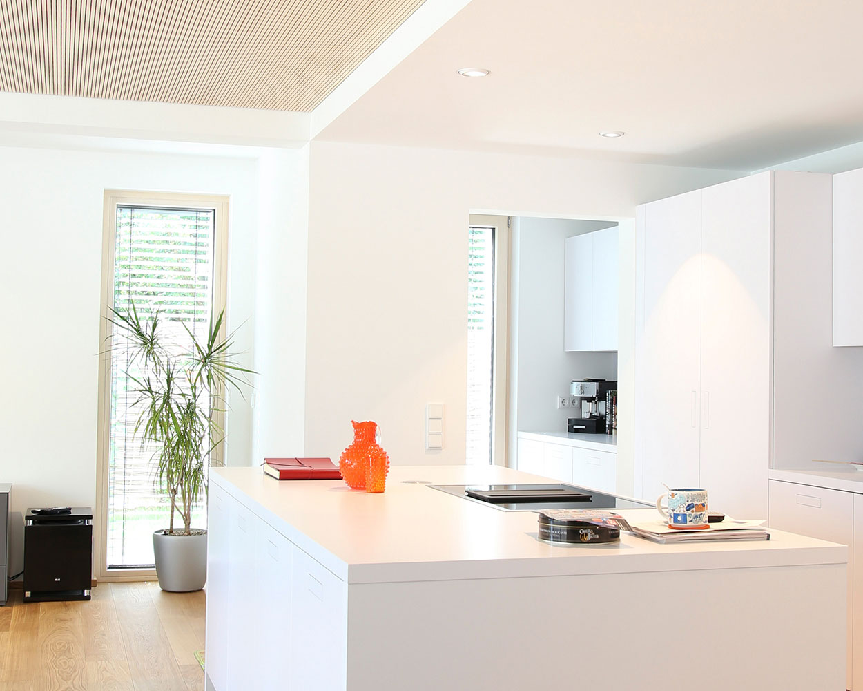 Moderne Küche in einem Passivhaus in München mit weißer Einrichtung und einem großen Fenster neben grünen Pflanzen.