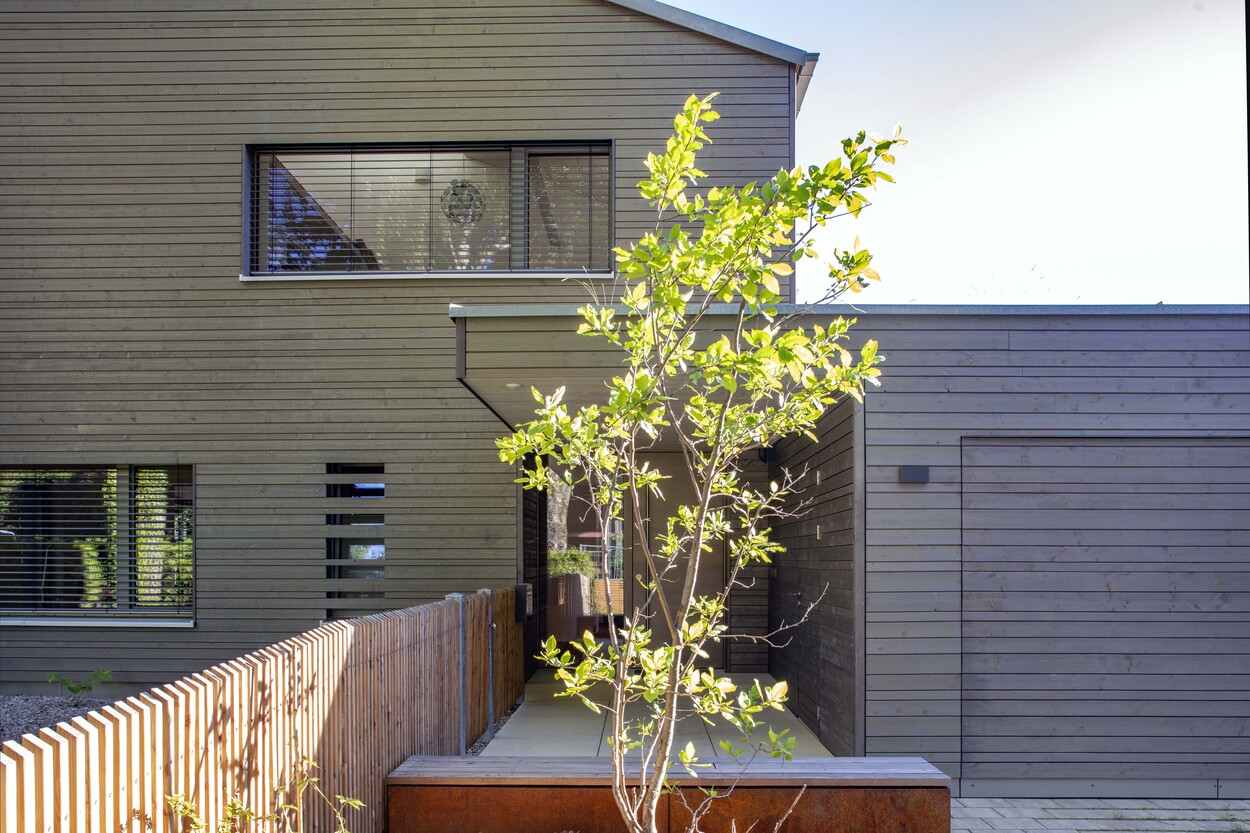 Ein modernes Holzhaus in Gröbenzell besticht durch schlichtes Design, ergänzt durch einen kleinen Baum im Vordergrund.