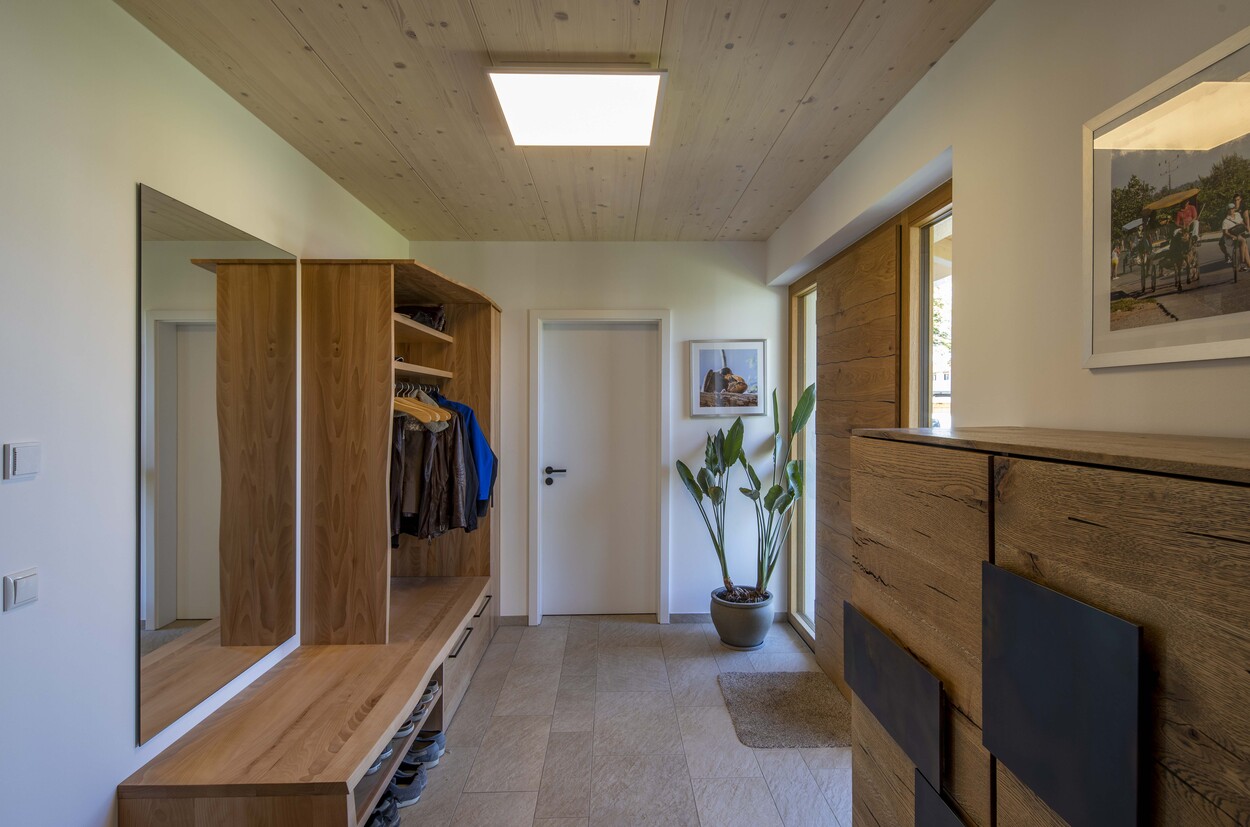 Ein moderner Eingangsbereich in einem Einfamilienhaus mit Holzmöbeln, Kleiderablage und einer großen Zimmerpflanze.