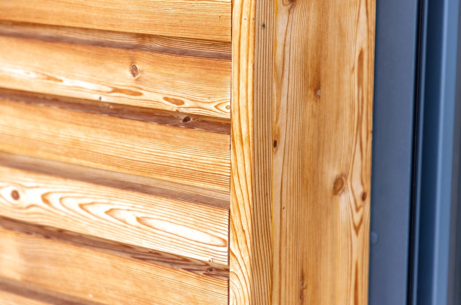 Detailaufnahme einer Holzwand zeigt die warme, natürliche Maserung in eindrucksvollem Farbton.
